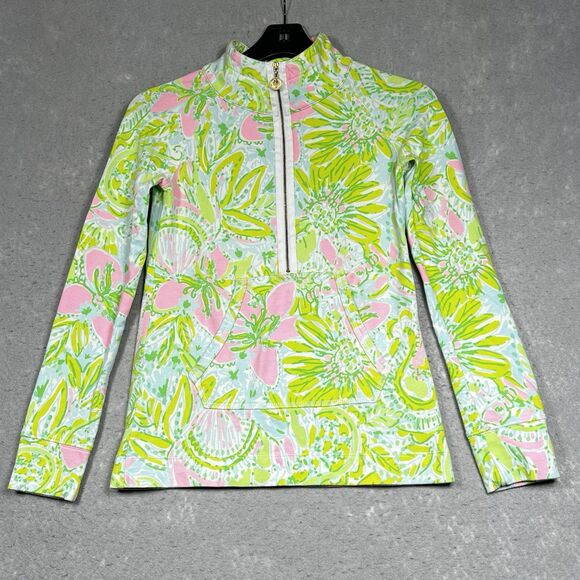 Lilly Pulitzer Sweater Womens XXS Green Pink Half Zip Floral Jacket Sweatshirt - Picture 1 of 11